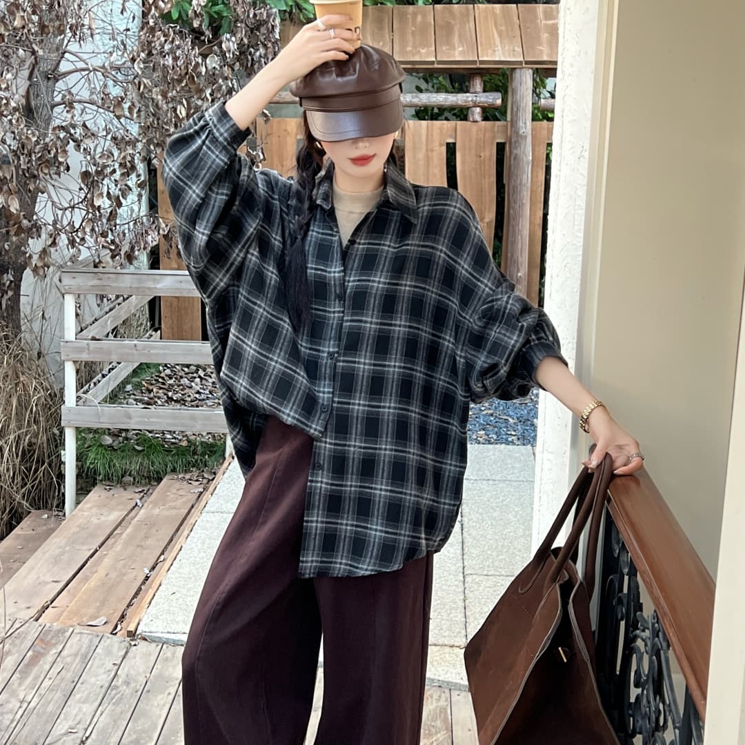 한국 스타일 봄 가을 루즈핏 oversize 긴팔 레트로 격자 무늬 셔츠 캐주얼 긴팔 맨위 여성 코트 셔츠 트렌디 상세 이미지 4