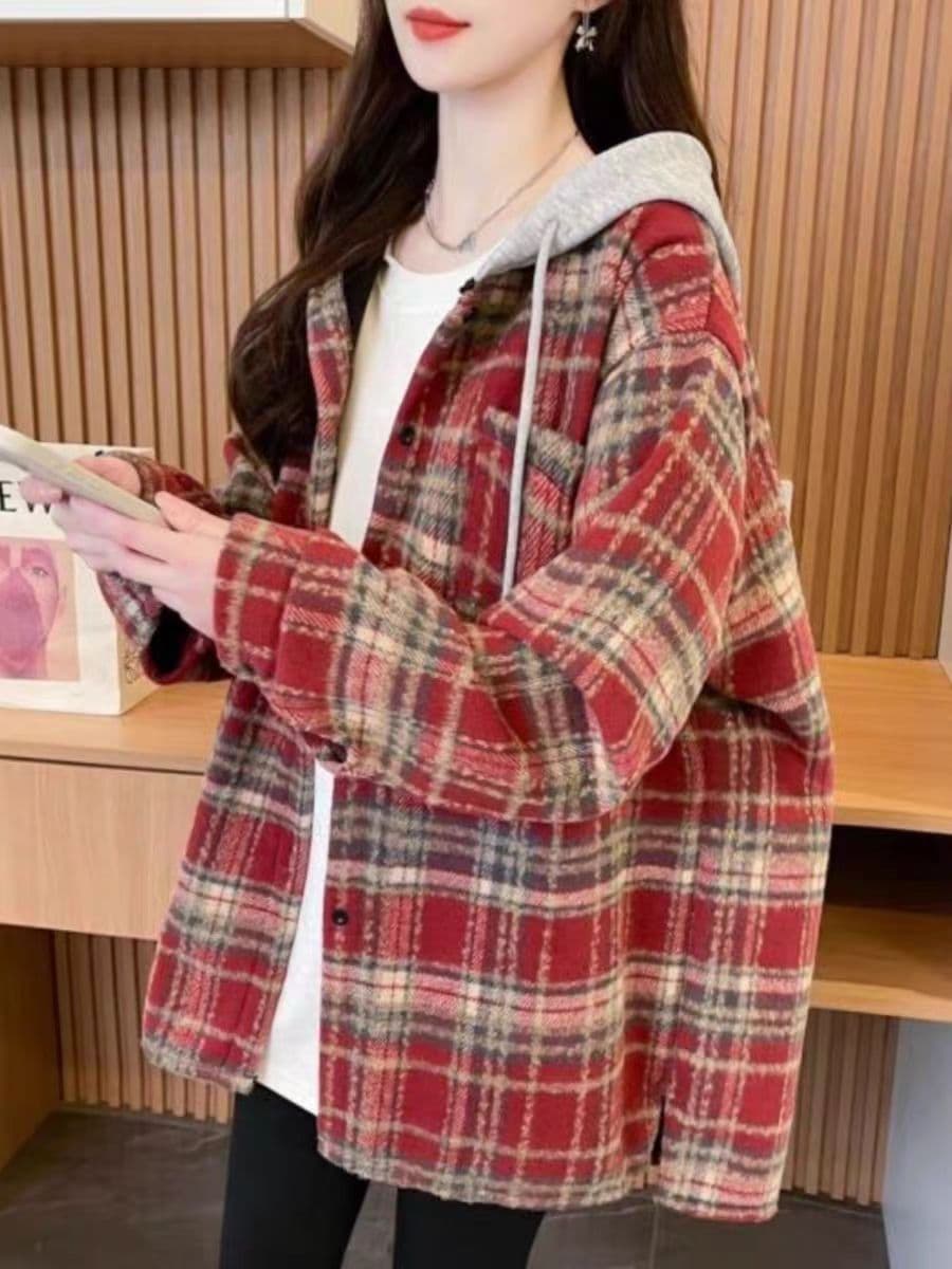 한국 스타일 가을 겨울 모직 후드 배색 격자 무늬 셔츠 oversize 루즈핏 게으른 바람 루즈핏 셔츠 여성 코트 이미지 4