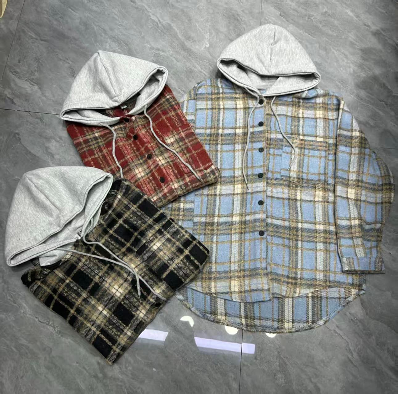 한국 스타일 가을 겨울 모직 후드 배색 격자 무늬 셔츠 oversize 루즈핏 게으른 바람 루즈핏 셔츠 여성 코트 상세 이미지 1