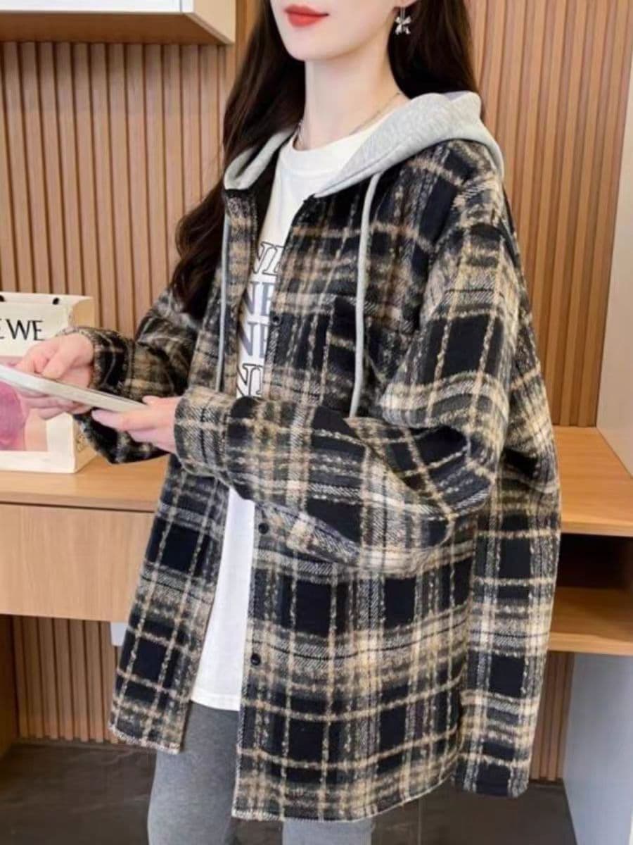한국 스타일 가을 겨울 모직 후드 배색 격자 무늬 셔츠 oversize 루즈핏 게으른 바람 루즈핏 셔츠 여성 코트 상세 이미지 4