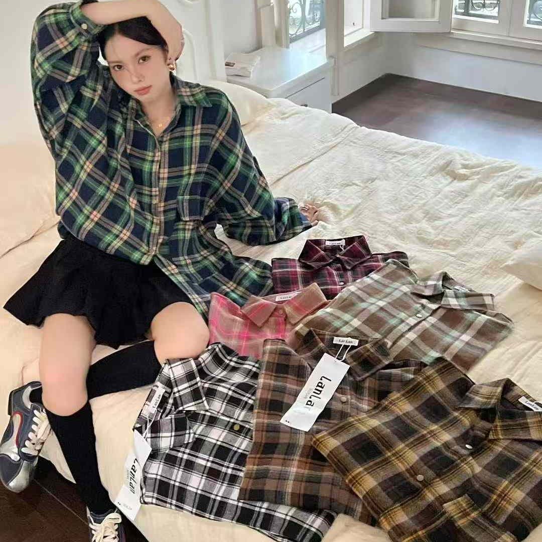 한국 스타일 가을 루즈핏 oversize 패션 긴팔 디자인 센스 격자 무늬 셔츠 빅 포켓 맨위 여성 코트 셔츠 이미지 2