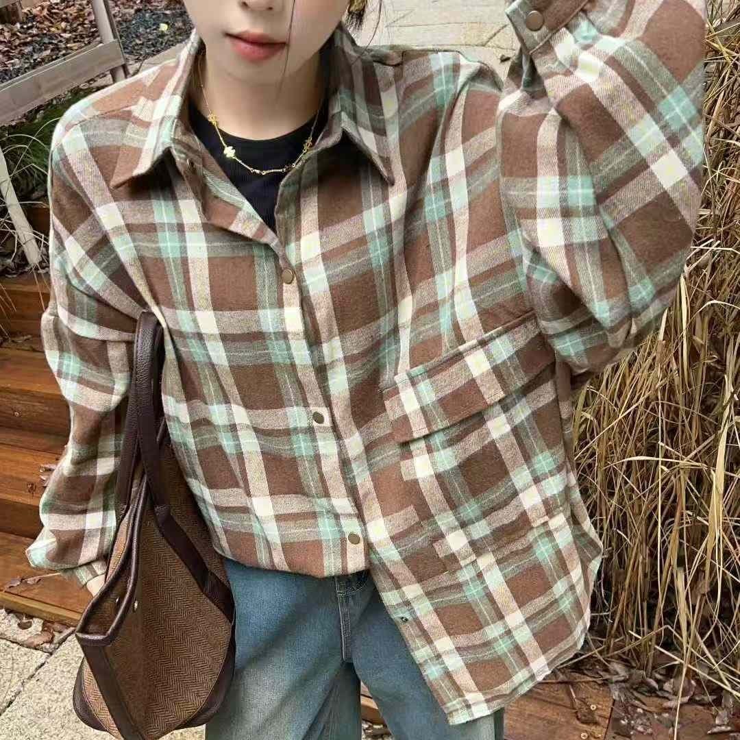 한국 스타일 가을 루즈핏 oversize 패션 긴팔 디자인 센스 격자 무늬 셔츠 빅 포켓 맨위 여성 코트 셔츠 이미지 4