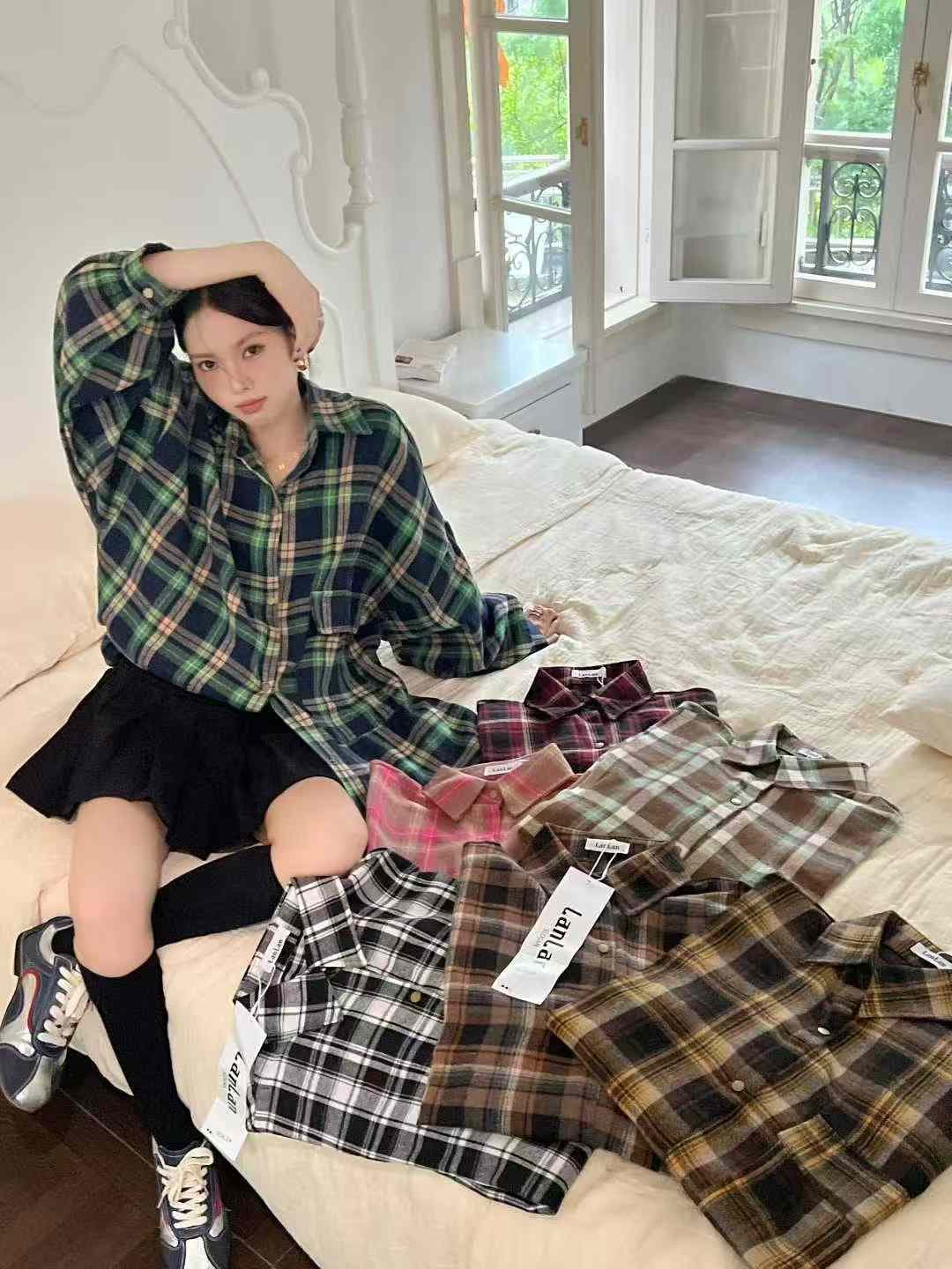 한국 스타일 가을 루즈핏 oversize 패션 긴팔 디자인 센스 격자 무늬 셔츠 빅 포켓 맨위 여성 코트 셔츠 상세 이미지 3