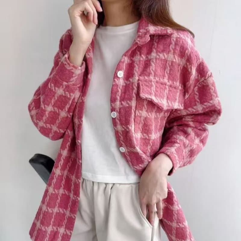 한국 스타일 가을 겨울 oversize 핑크색 레트로 모직 격자 무늬 셔츠 캐주얼 긴팔 모직 여성 코트 셔츠 이미지 5