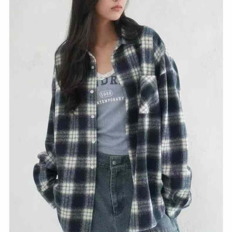 한국 스타일 가을 겨울 게으른 바람 모직 캐주얼 루즈핏 레트로 셔츠 패션 작은 대중 캐주얼 긴팔 셔츠 여성 코트 이미지 4