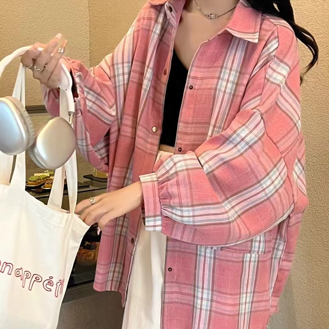 실사 한국 스타일 봄 가을 빅 포켓 격자 무늬 셔츠 하라주쿠 스타일 chic 디자인 센스 캐주얼 루즈핏 여성 코트 셔츠 이미지 3