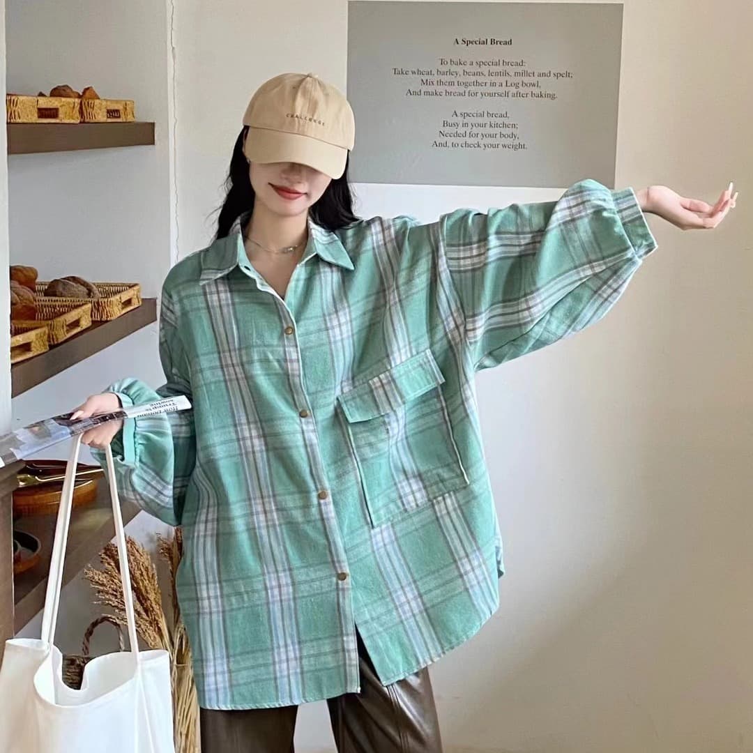 실사 한국 스타일 봄 가을 빅 포켓 격자 무늬 셔츠 하라주쿠 스타일 chic 디자인 센스 캐주얼 루즈핏 여성 코트 셔츠 이미지 4