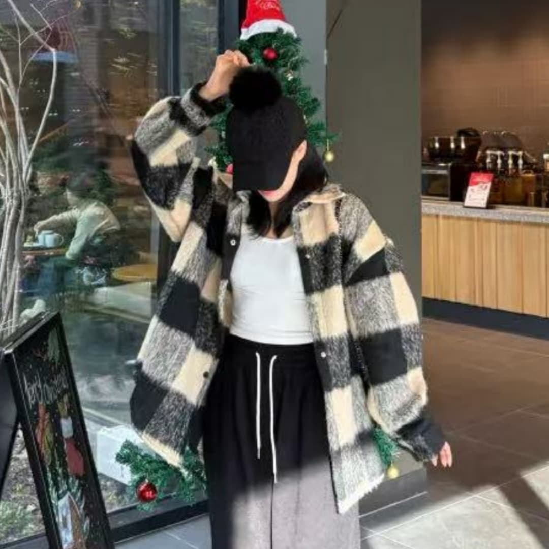한국 스타일 겨울 oversize 격자 무늬 셔츠 모직 하라주쿠 스타일 긴팔 캐주얼 셔츠 여성 디자인 센스 재킷 트렌디 이미지 2