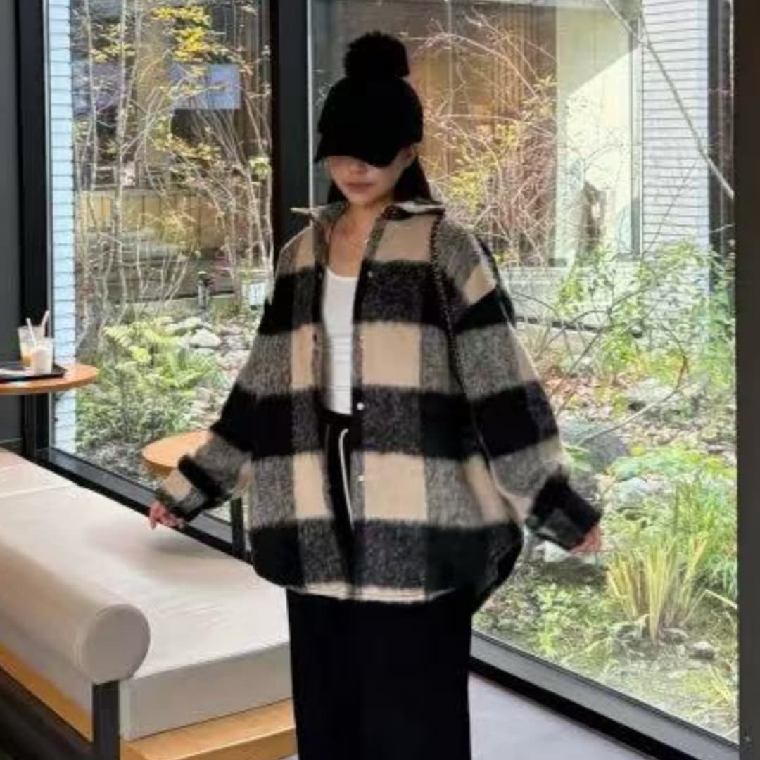 한국 스타일 겨울 oversize 격자 무늬 셔츠 모직 하라주쿠 스타일 긴팔 캐주얼 셔츠 여성 디자인 센스 재킷 트렌디 상세 이미지 5