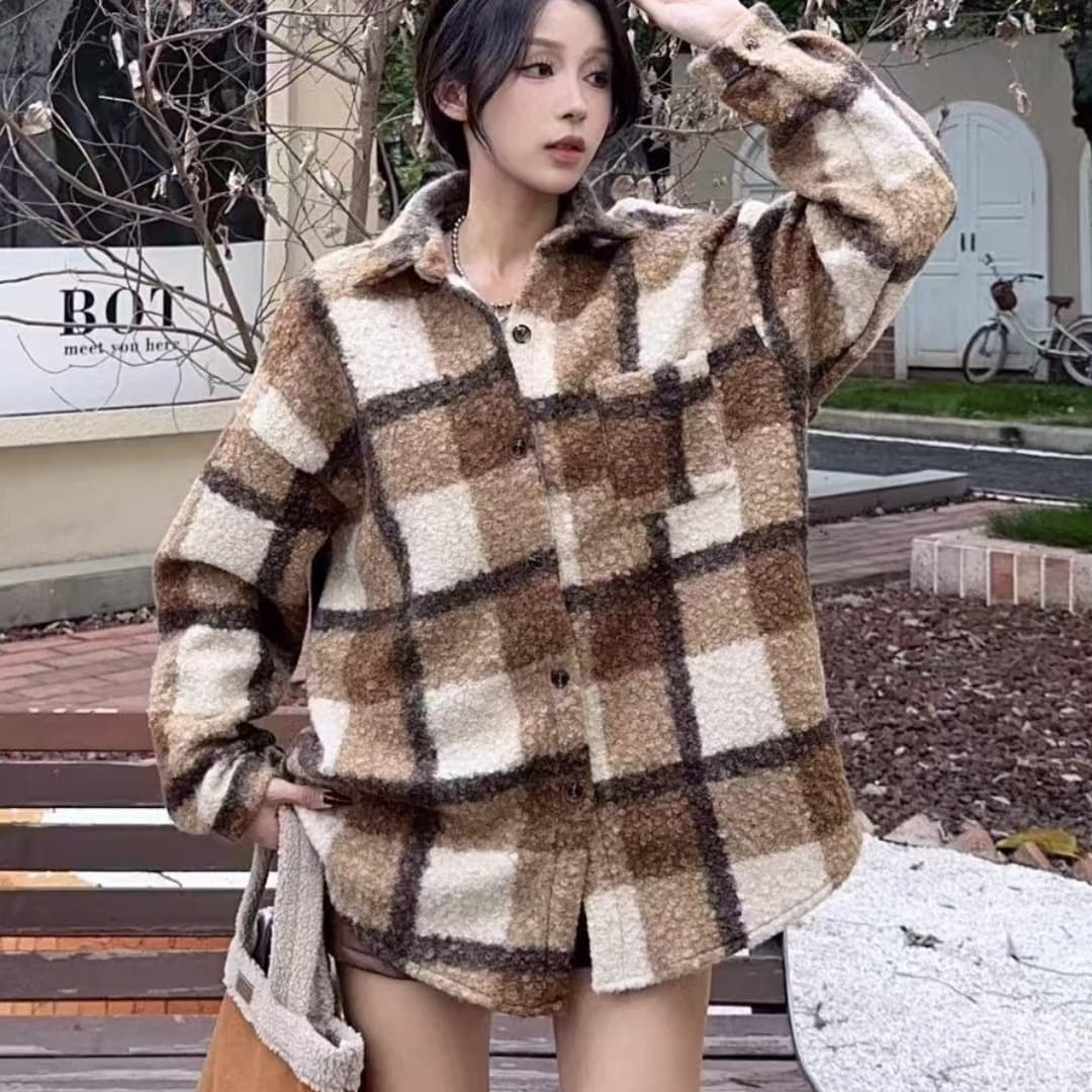 한국 스타일 겨울 루즈핏 서클 털 격자 무늬 셔츠 레트로 학원 디자인 센스 캐주얼 다용도 모직 셔츠 재킷