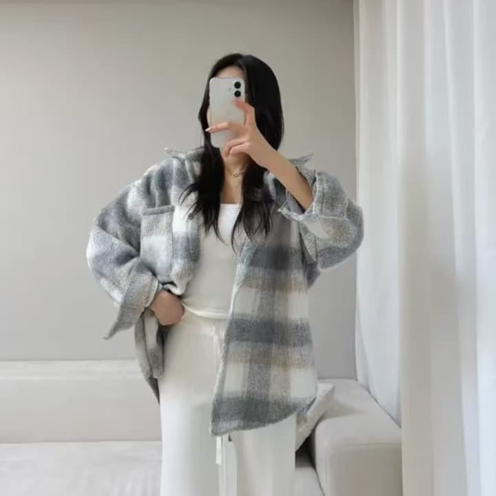 한국 스타일 겨울 oversize 격자 무늬 셔츠 하라주쿠 스타일 모직 긴팔 캐주얼 ~이다. 셔츠 여성 디자인 센스 재킷