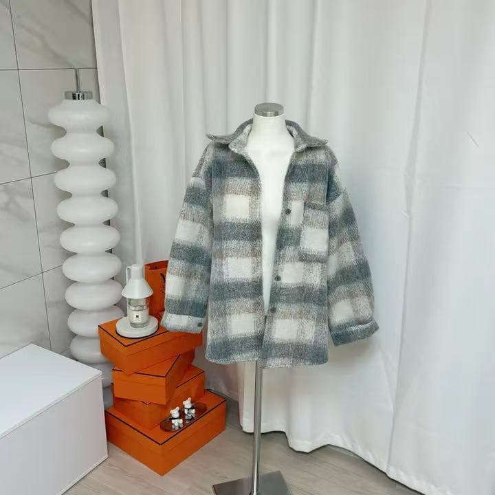 한국 스타일 겨울 oversize 격자 무늬 셔츠 하라주쿠 스타일 모직 긴팔 캐주얼 ~이다. 셔츠 여성 디자인 센스 재킷 상세 이미지 2