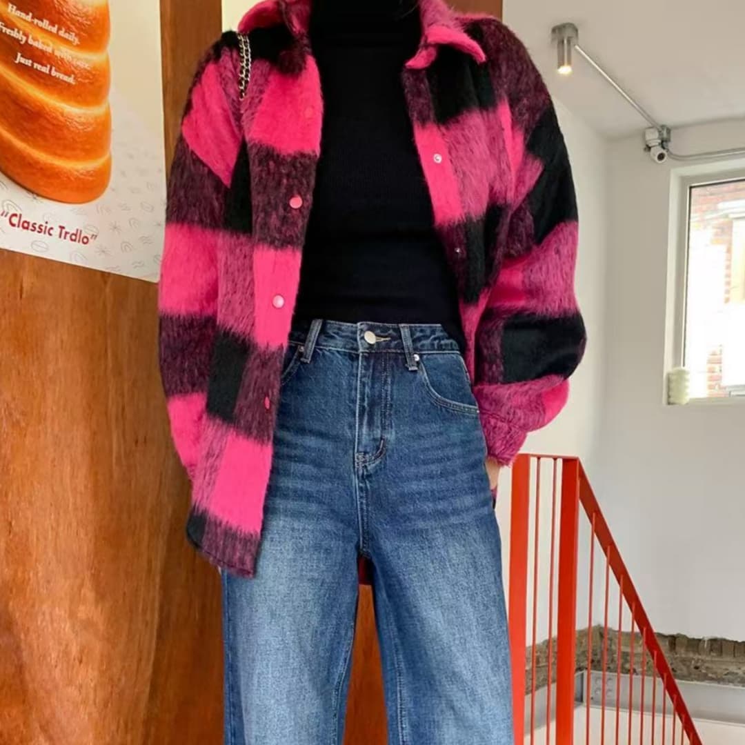 한국 스타일 겨울 oversize 긴팔 레트로 체크무늬 모직 셔츠 하라주쿠 스타일 캐주얼 루즈핏 여성 코트 셔츠 상세 이미지 3
