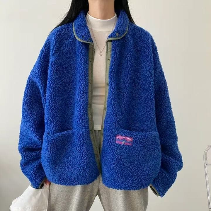 한국 스타일 겨울 루즈핏 oversize 과립 플러시 셔츠 하라주쿠 스타일 긴팔 캐주얼 양면 착용 디자인 센스 여성 코트 상세 이미지 7