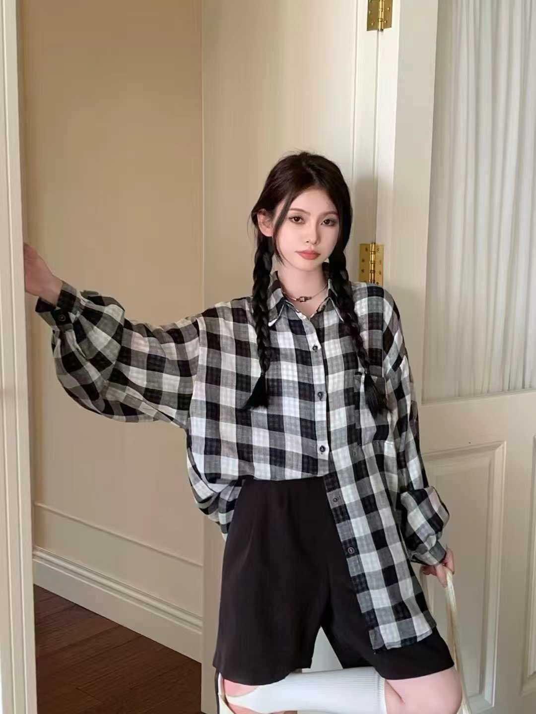 한국 스타일 가을 루즈핏 oversize 격자 무늬 셔츠 양면 체크무늬 패치워크 긴팔 셔츠 여성 디자인 센스 재킷 트렌디 이미지 2