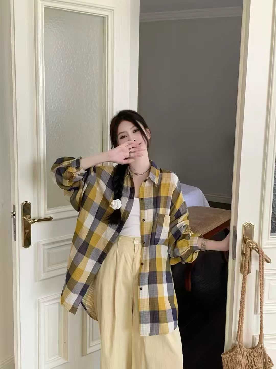 한국 스타일 가을 루즈핏 oversize 격자 무늬 셔츠 양면 체크무늬 패치워크 긴팔 셔츠 여성 디자인 센스 재킷 트렌디 이미지 4