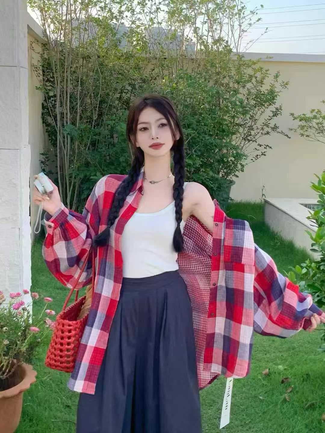 한국 스타일 가을 루즈핏 oversize 격자 무늬 셔츠 양면 체크무늬 패치워크 긴팔 셔츠 여성 디자인 센스 재킷 트렌디 상세 이미지 2