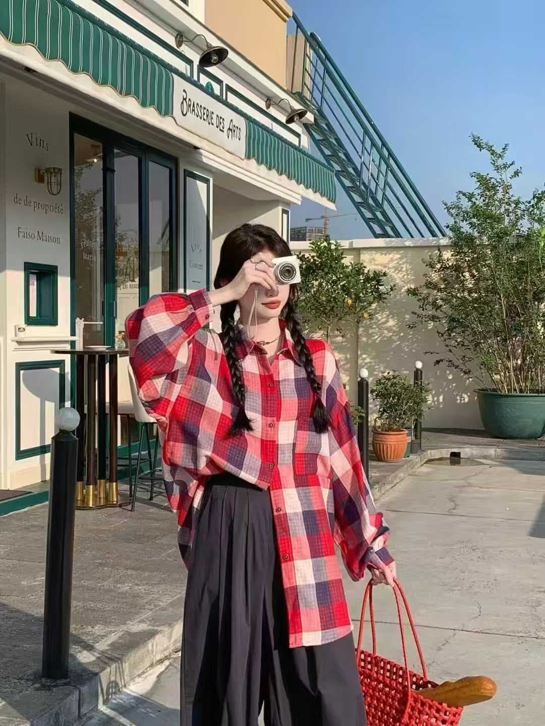 한국 스타일 가을 루즈핏 oversize 격자 무늬 셔츠 양면 체크무늬 패치워크 긴팔 셔츠 여성 디자인 센스 재킷 트렌디 상세 이미지 4