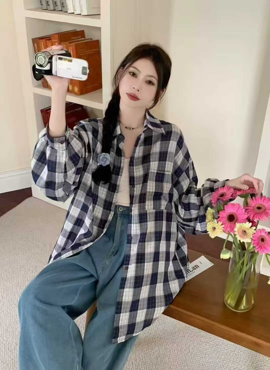 한국 스타일 가을 루즈핏 oversize 격자 무늬 셔츠 양면 체크무늬 패치워크 긴팔 셔츠 여성 디자인 센스 재킷 트렌디 상세 이미지 7