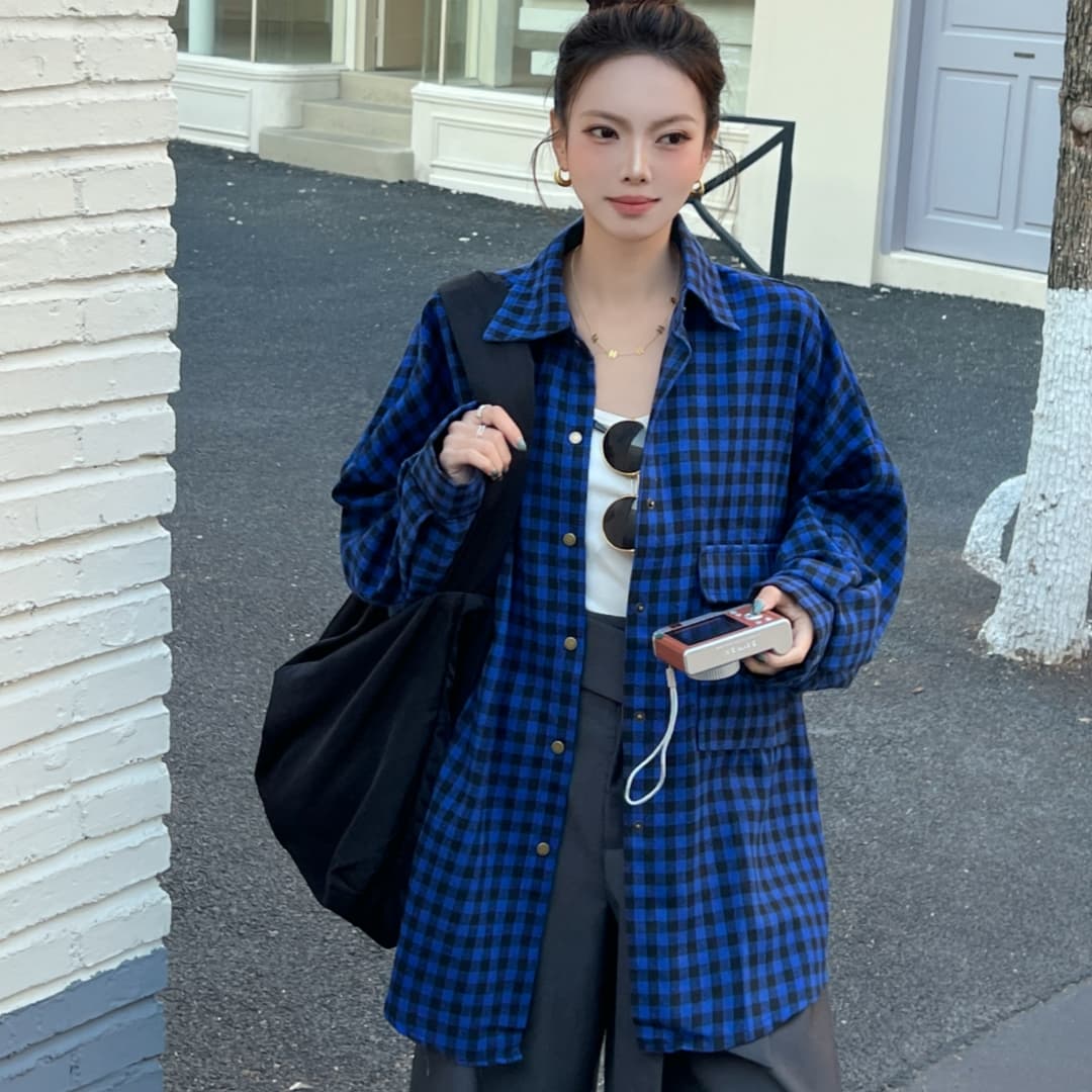 한국 스타일 가을 oversize 격자 무늬 셔츠 디자인 센스 빅 포켓 긴팔 루즈핏 캐주얼 자외선 차단 셔츠 여성 재킷 상세 이미지 7