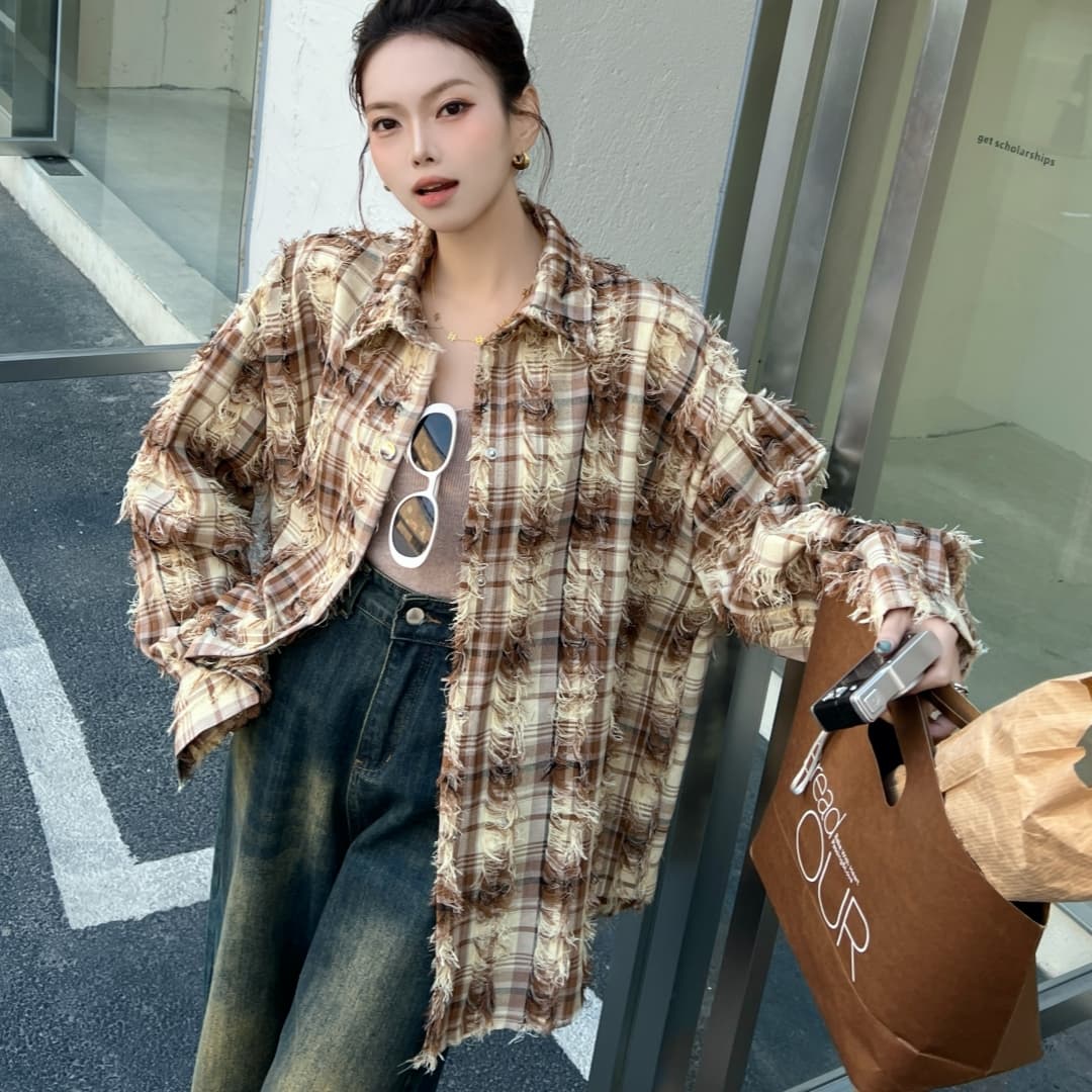 한국 스타일 봄 술 격자 무늬 셔츠 하라주쿠 스타일 셔츠 루즈핏 다용도 긴팔 맨위 여성 코트 자외선 차단 의류 트렌디 이미지 3