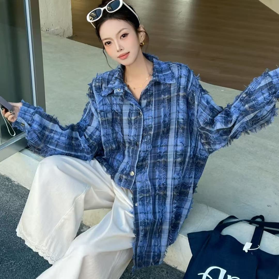 한국 스타일 봄 술 격자 무늬 셔츠 하라주쿠 스타일 셔츠 루즈핏 다용도 긴팔 맨위 여성 코트 자외선 차단 의류 트렌디 상세 이미지 4