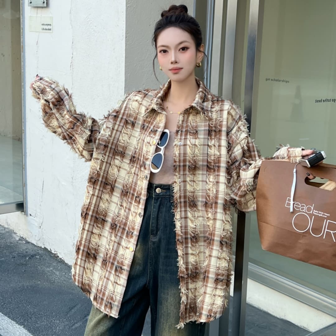 한국 스타일 봄 술 격자 무늬 셔츠 하라주쿠 스타일 셔츠 루즈핏 다용도 긴팔 맨위 여성 코트 자외선 차단 의류 트렌디 상세 이미지 6