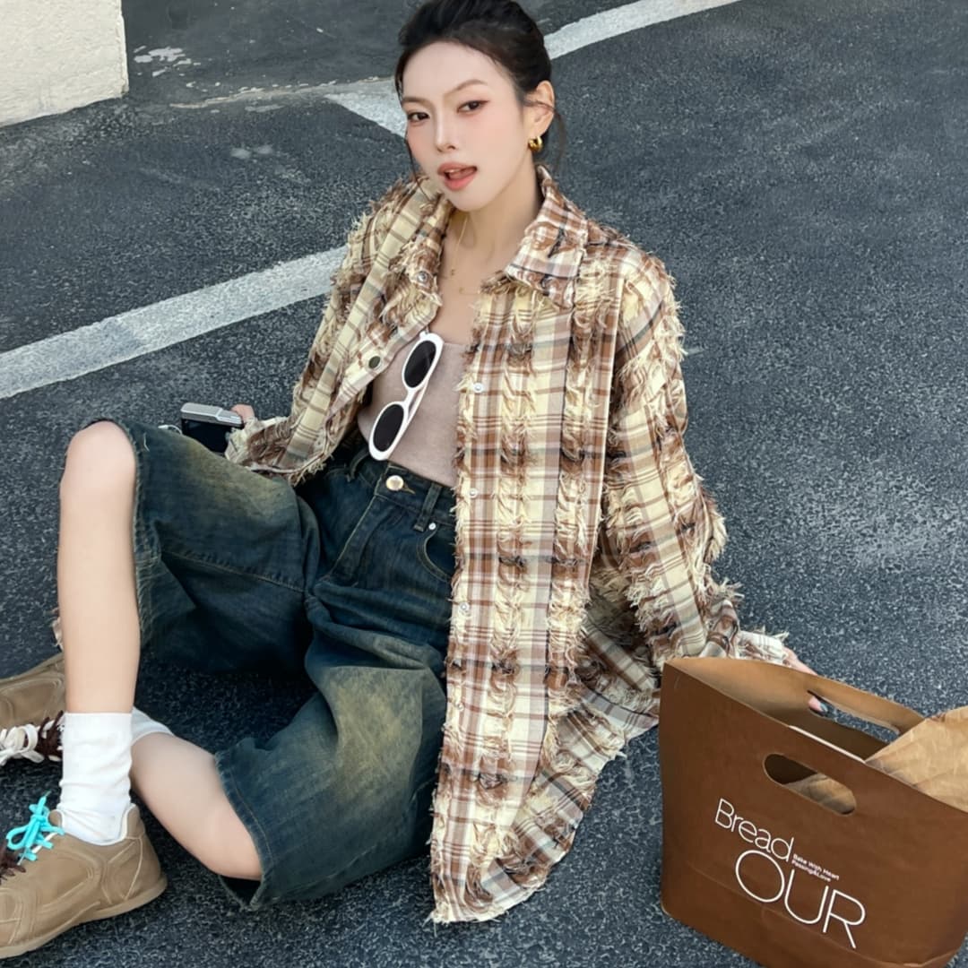 한국 스타일 봄 술 격자 무늬 셔츠 하라주쿠 스타일 셔츠 루즈핏 다용도 긴팔 맨위 여성 코트 자외선 차단 의류 트렌디 상세 이미지 7