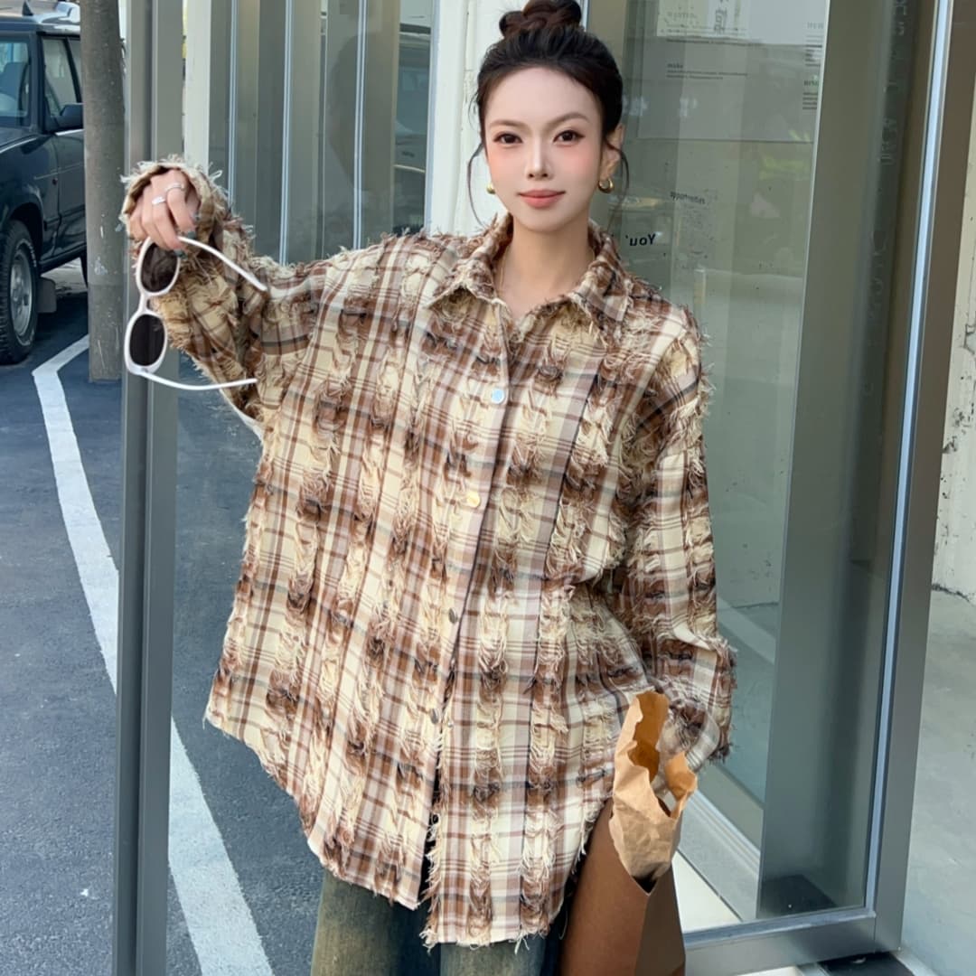 한국 스타일 봄 술 격자 무늬 셔츠 하라주쿠 스타일 셔츠 루즈핏 다용도 긴팔 맨위 여성 코트 자외선 차단 의류 트렌디 상세 이미지 8