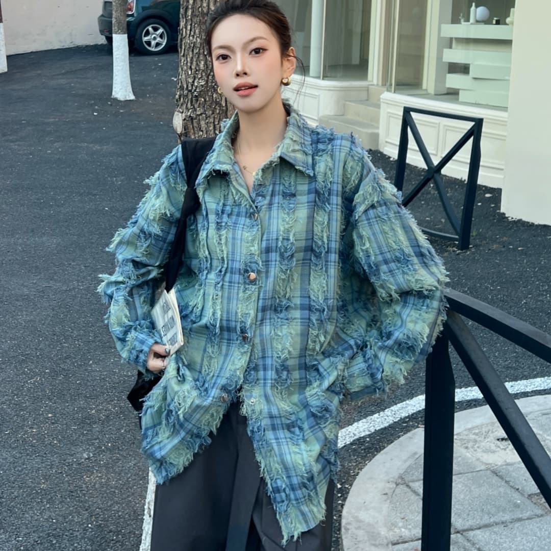 한국 스타일 봄 술 격자 무늬 셔츠 하라주쿠 스타일 셔츠 루즈핏 다용도 긴팔 맨위 여성 코트 자외선 차단 의류 트렌디 상세 이미지 11