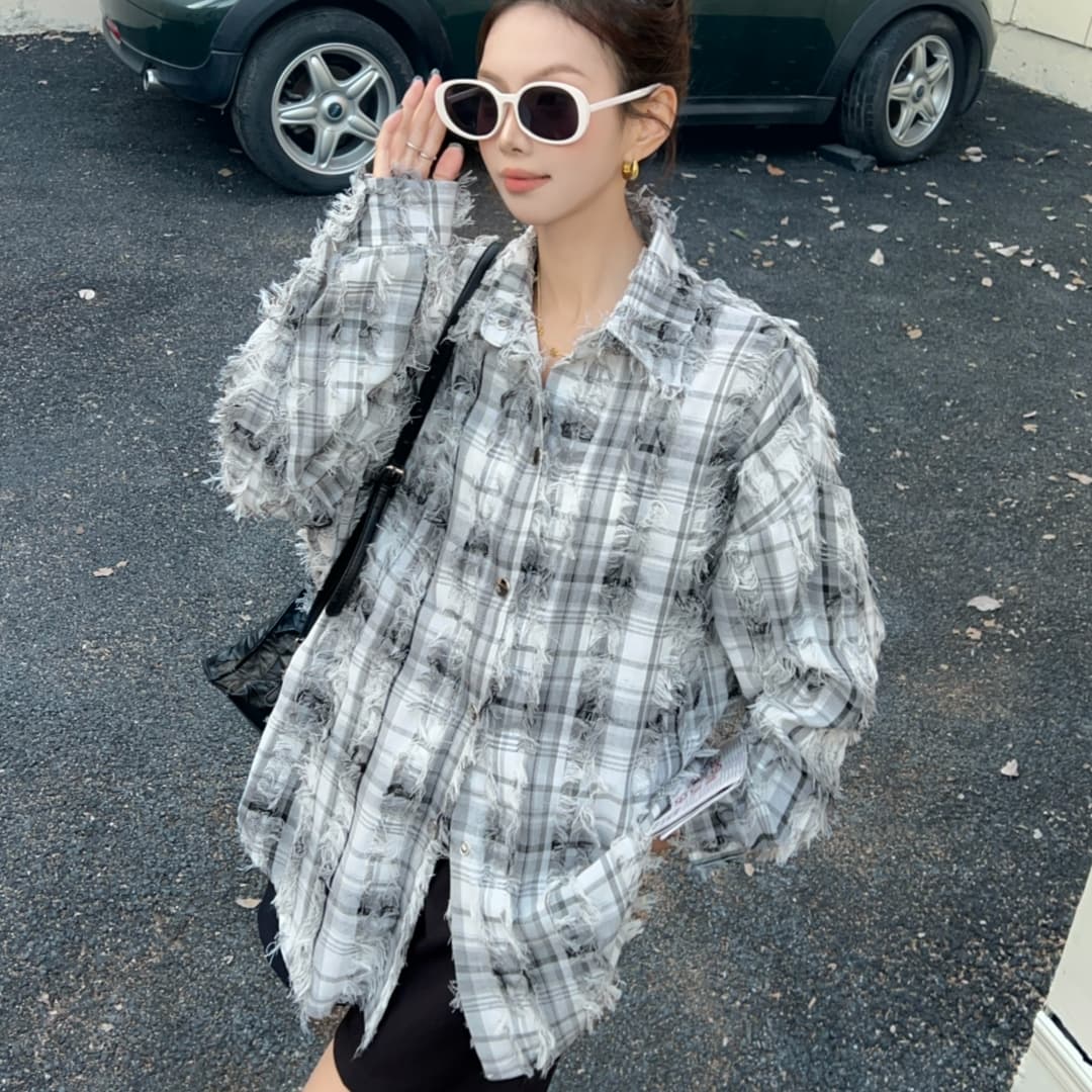 한국 스타일 봄 술 격자 무늬 셔츠 하라주쿠 스타일 셔츠 루즈핏 다용도 긴팔 맨위 여성 코트 자외선 차단 의류 트렌디 상세 이미지 16