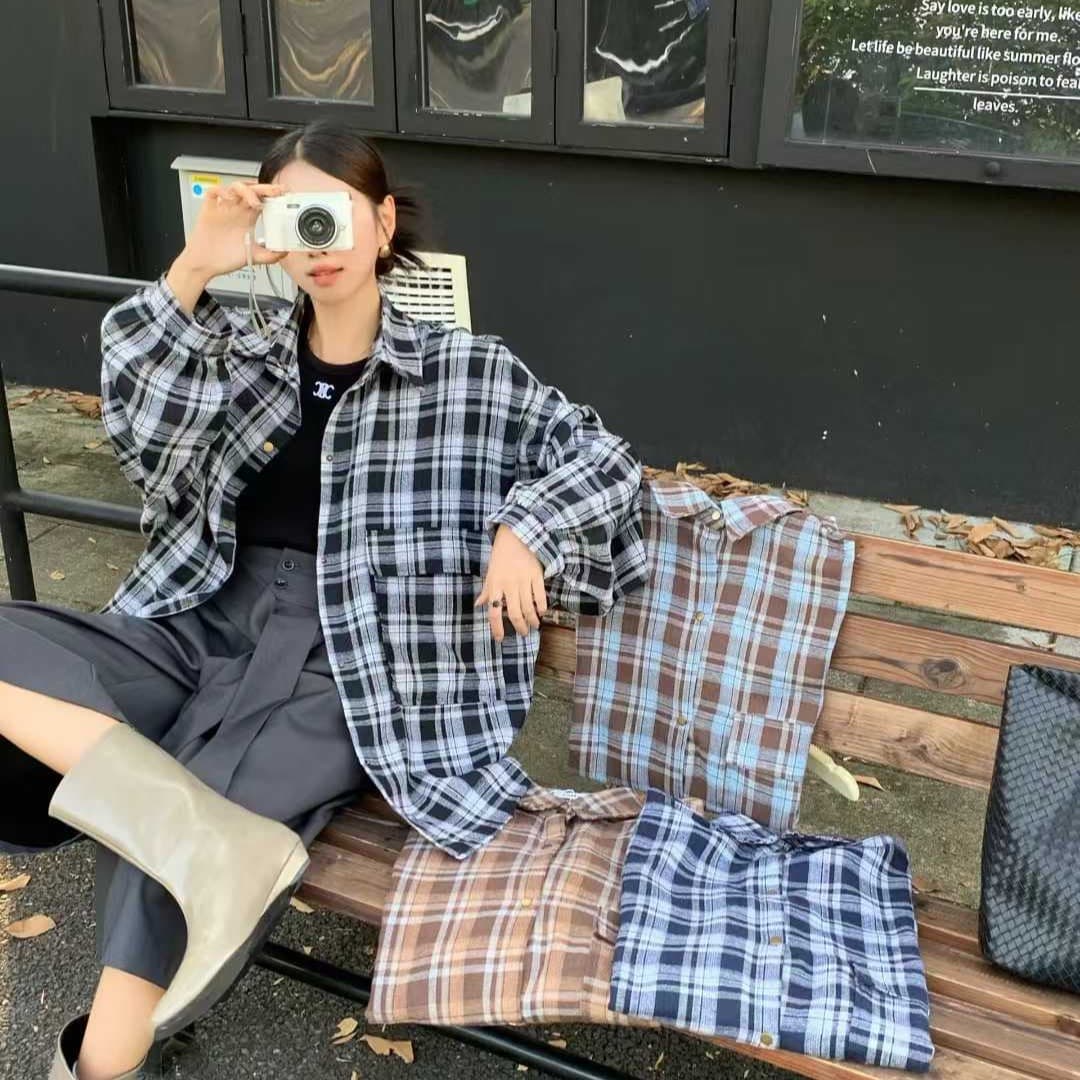 한국 스타일 가을 루즈핏 oversize 배색 격자 무늬 셔츠 하라주쿠 스타일 긴팔 캐주얼 미니멀리즘 셔츠 여성 재킷 트렌디 이미지 5