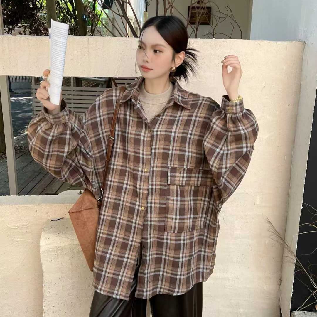 한국 스타일 가을 루즈핏 oversize 배색 격자 무늬 셔츠 하라주쿠 스타일 긴팔 캐주얼 미니멀리즘 셔츠 여성 재킷 트렌디 이미지 2