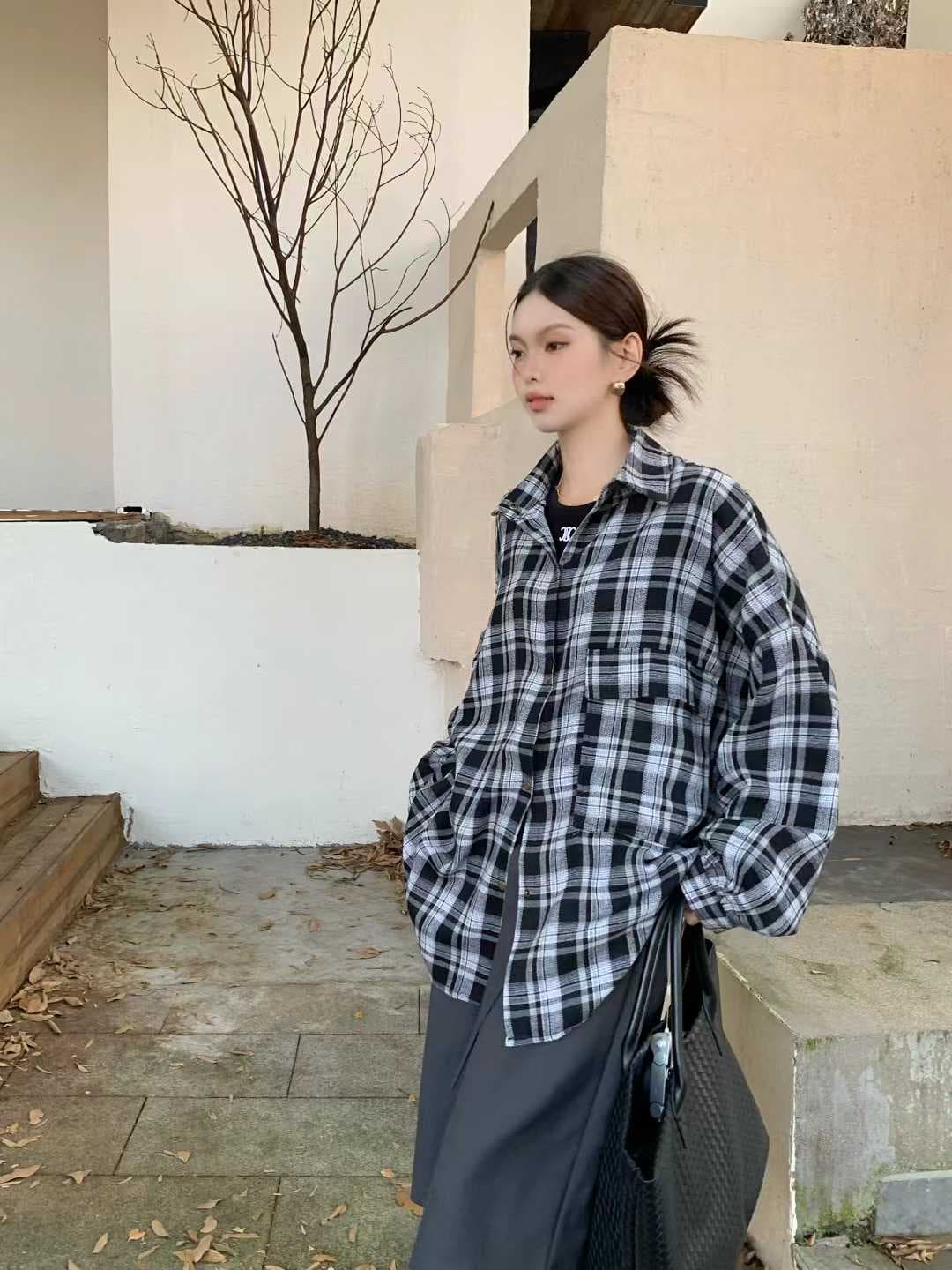 한국 스타일 가을 루즈핏 oversize 배색 격자 무늬 셔츠 하라주쿠 스타일 긴팔 캐주얼 미니멀리즘 셔츠 여성 재킷 트렌디 상세 이미지 2