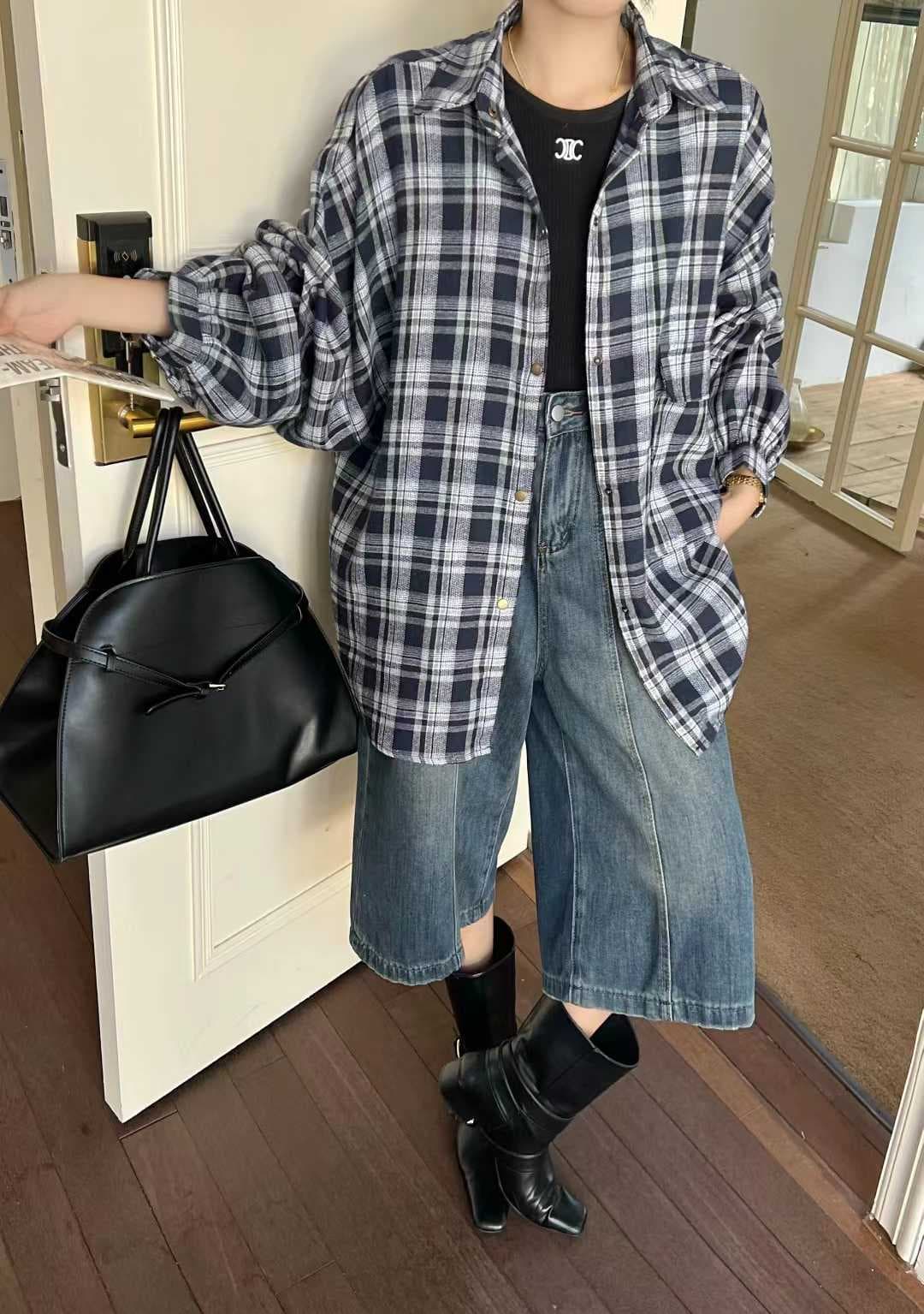 한국 스타일 가을 루즈핏 oversize 배색 격자 무늬 셔츠 하라주쿠 스타일 긴팔 캐주얼 미니멀리즘 셔츠 여성 재킷 트렌디 상세 이미지 7