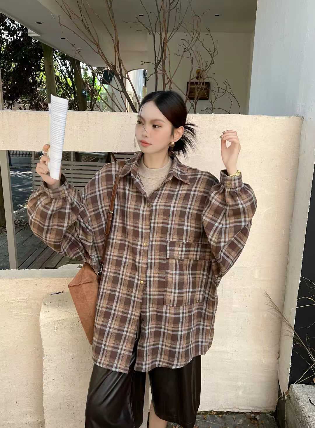 한국 스타일 가을 루즈핏 oversize 배색 격자 무늬 셔츠 하라주쿠 스타일 긴팔 캐주얼 미니멀리즘 셔츠 여성 재킷 트렌디 상세 이미지 8