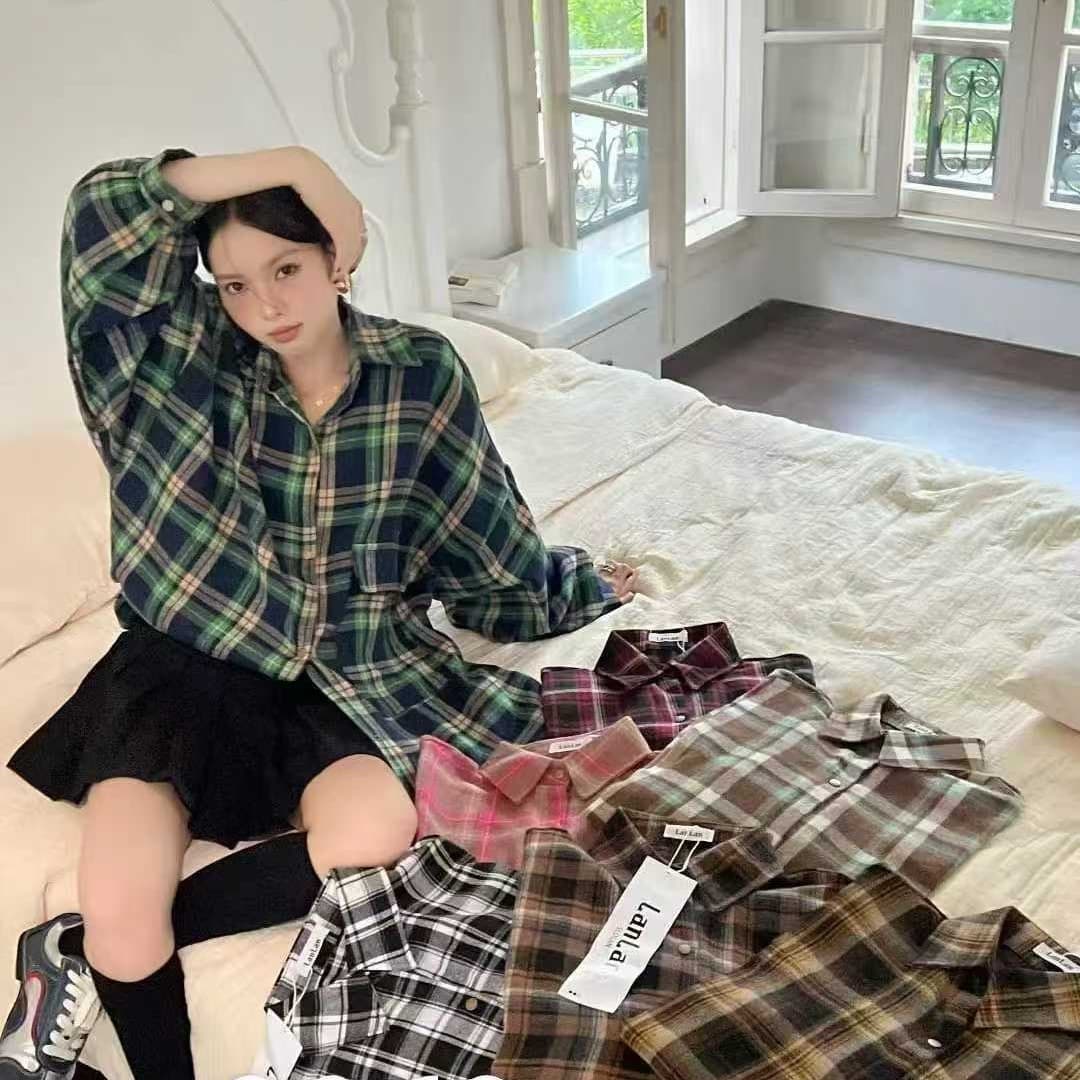 한국 스타일 가을 oversize 디자인 센스 빅 포켓 격자 무늬 셔츠 하라주쿠 스타일 긴팔 캐주얼 셔츠 여성 재킷 트렌디 이미지 5
