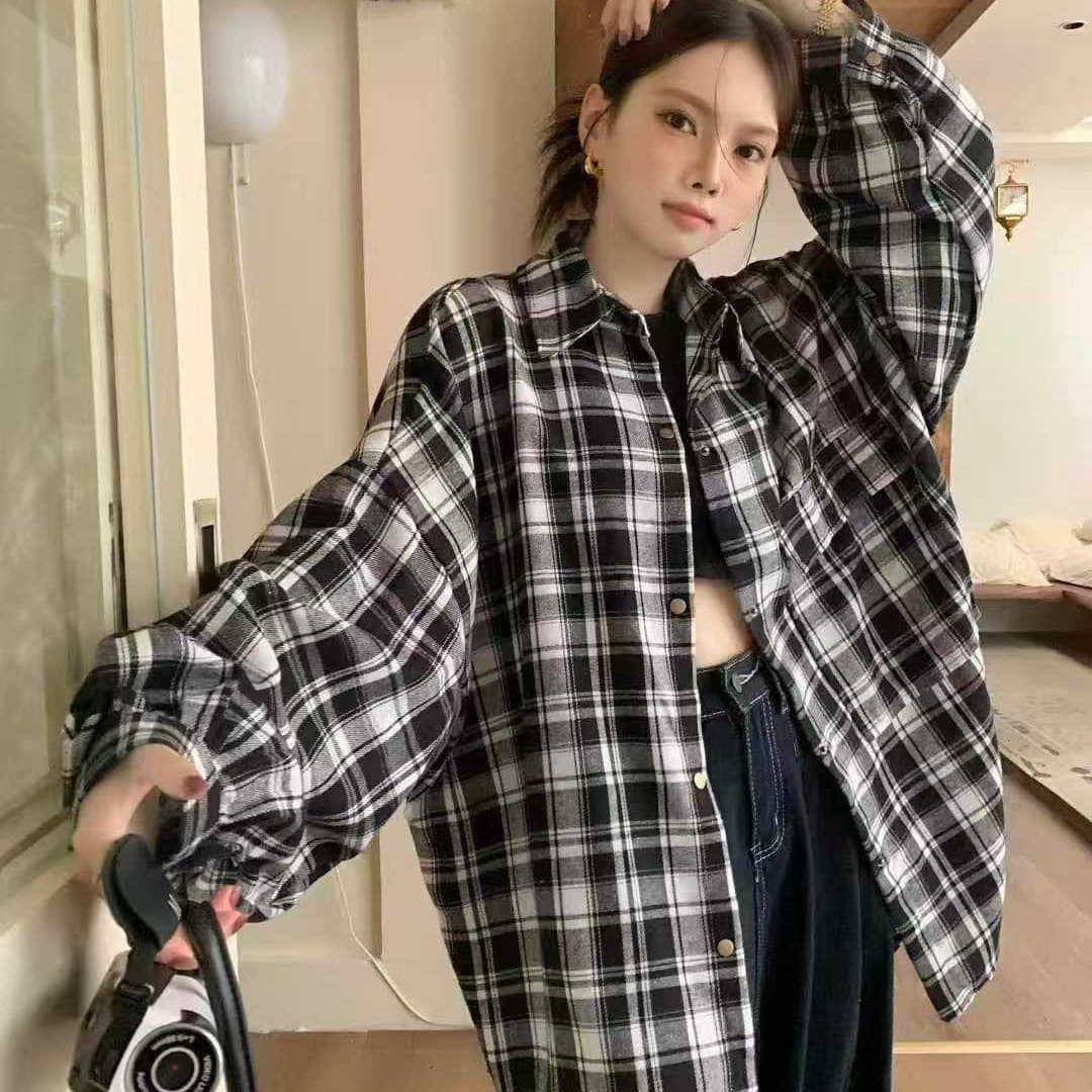 한국 스타일 가을 oversize 디자인 센스 빅 포켓 격자 무늬 셔츠 하라주쿠 스타일 긴팔 캐주얼 셔츠 여성 재킷 트렌디 이미지 4
