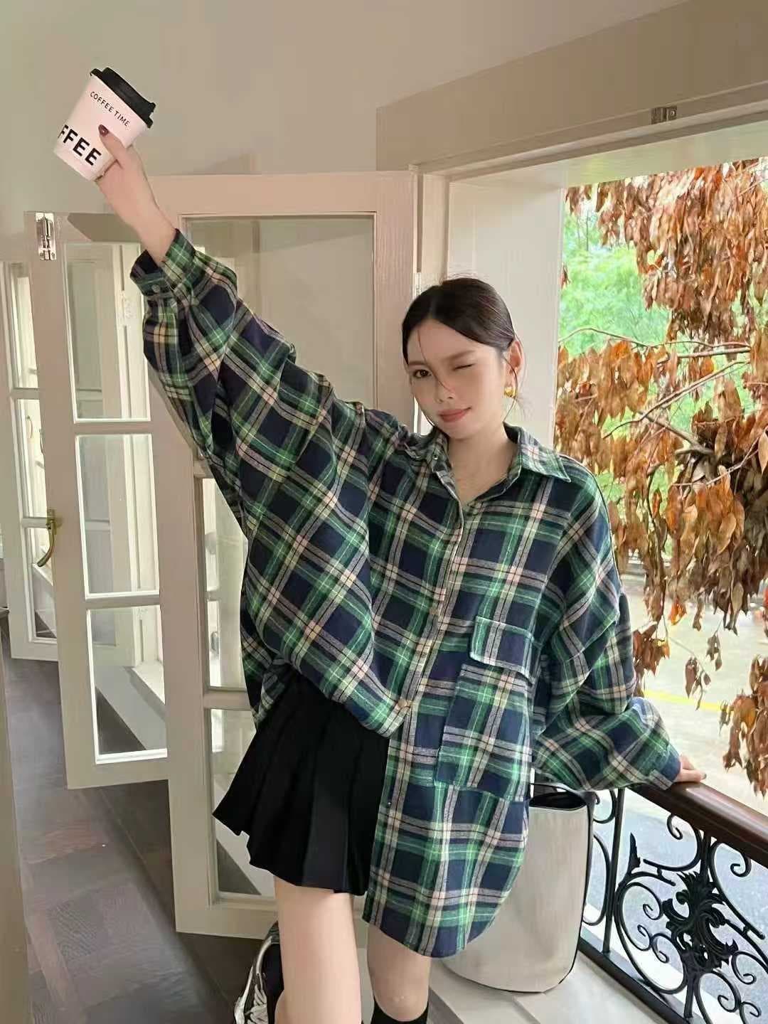 한국 스타일 가을 oversize 디자인 센스 빅 포켓 격자 무늬 셔츠 하라주쿠 스타일 긴팔 캐주얼 셔츠 여성 재킷 트렌디 상세 이미지 1