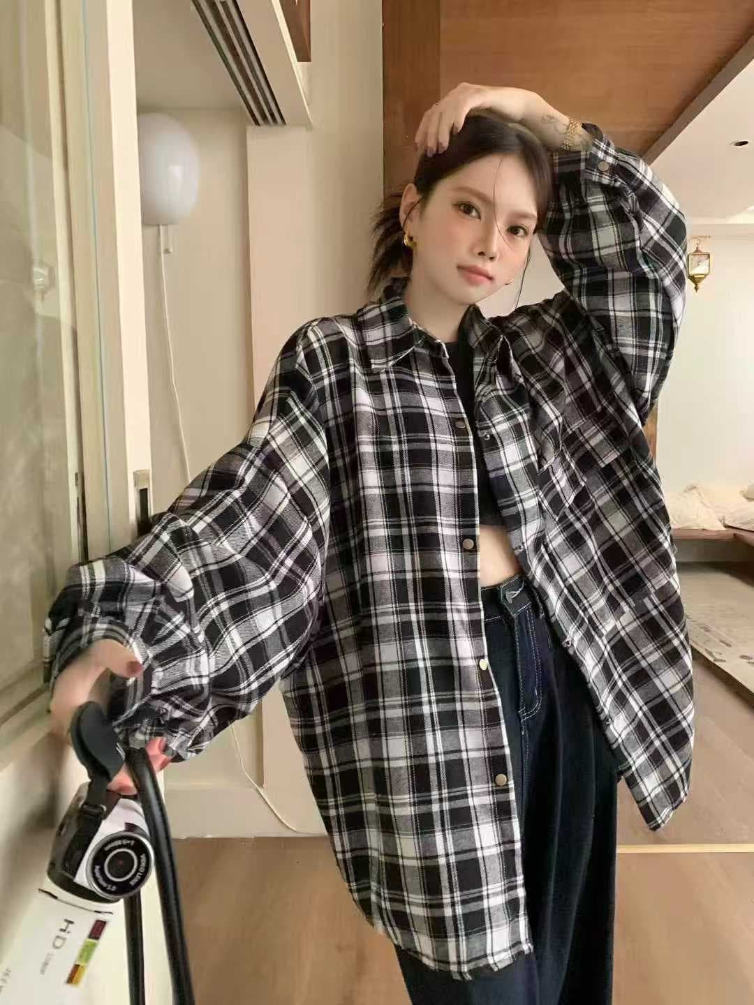 한국 스타일 가을 oversize 디자인 센스 빅 포켓 격자 무늬 셔츠 하라주쿠 스타일 긴팔 캐주얼 셔츠 여성 재킷 트렌디 상세 이미지 5