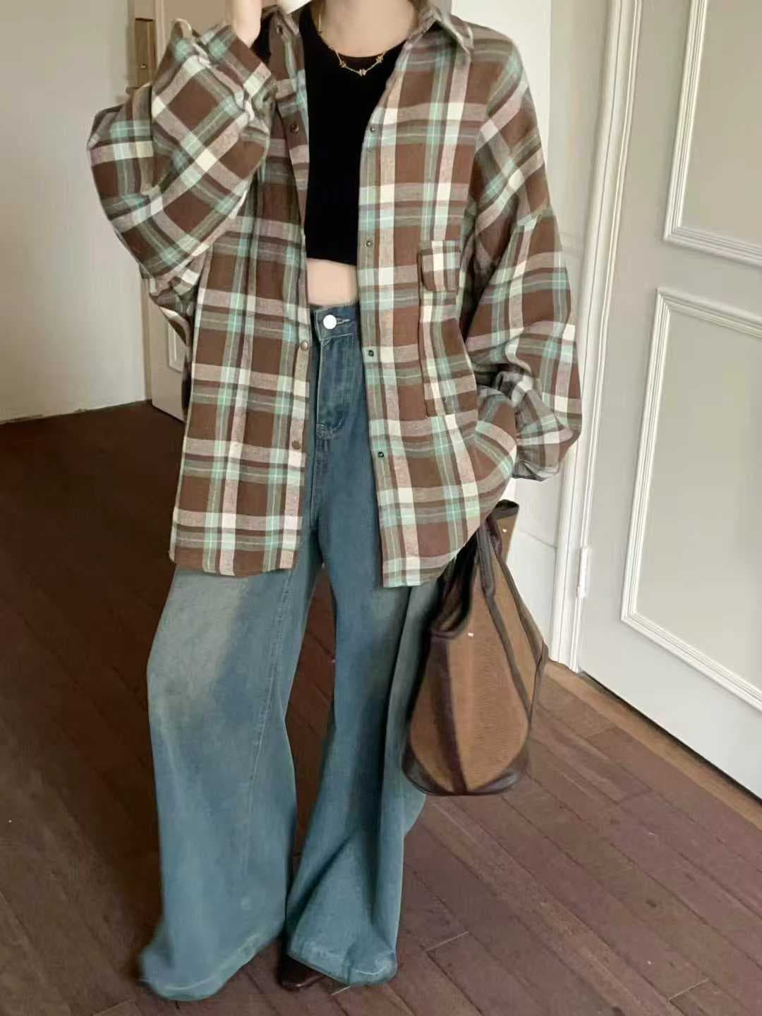 한국 스타일 가을 oversize 디자인 센스 빅 포켓 격자 무늬 셔츠 하라주쿠 스타일 긴팔 캐주얼 셔츠 여성 재킷 트렌디 상세 이미지 7
