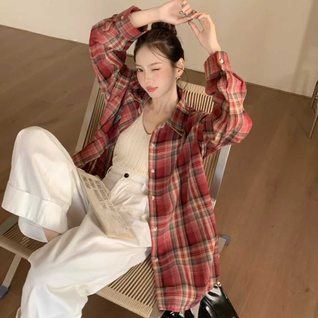 한국 스타일 봄 가을 빅 사이즈 루즈핏 격자 무늬 셔츠 미니멀리즘 루즈핏 하라주쿠 스타일 개성 벌룬 소매 셔츠 여성 코트 트렌디 이미지 2