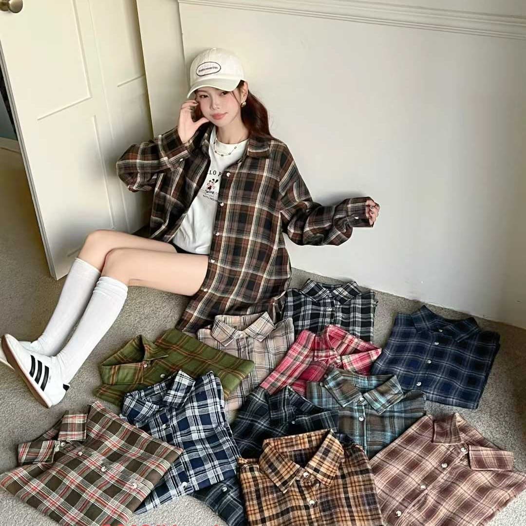 한국 스타일 봄 가을 빅 사이즈 루즈핏 격자 무늬 셔츠 미니멀리즘 루즈핏 하라주쿠 스타일 개성 벌룬 소매 셔츠 여성 코트 트렌디 이미지 3