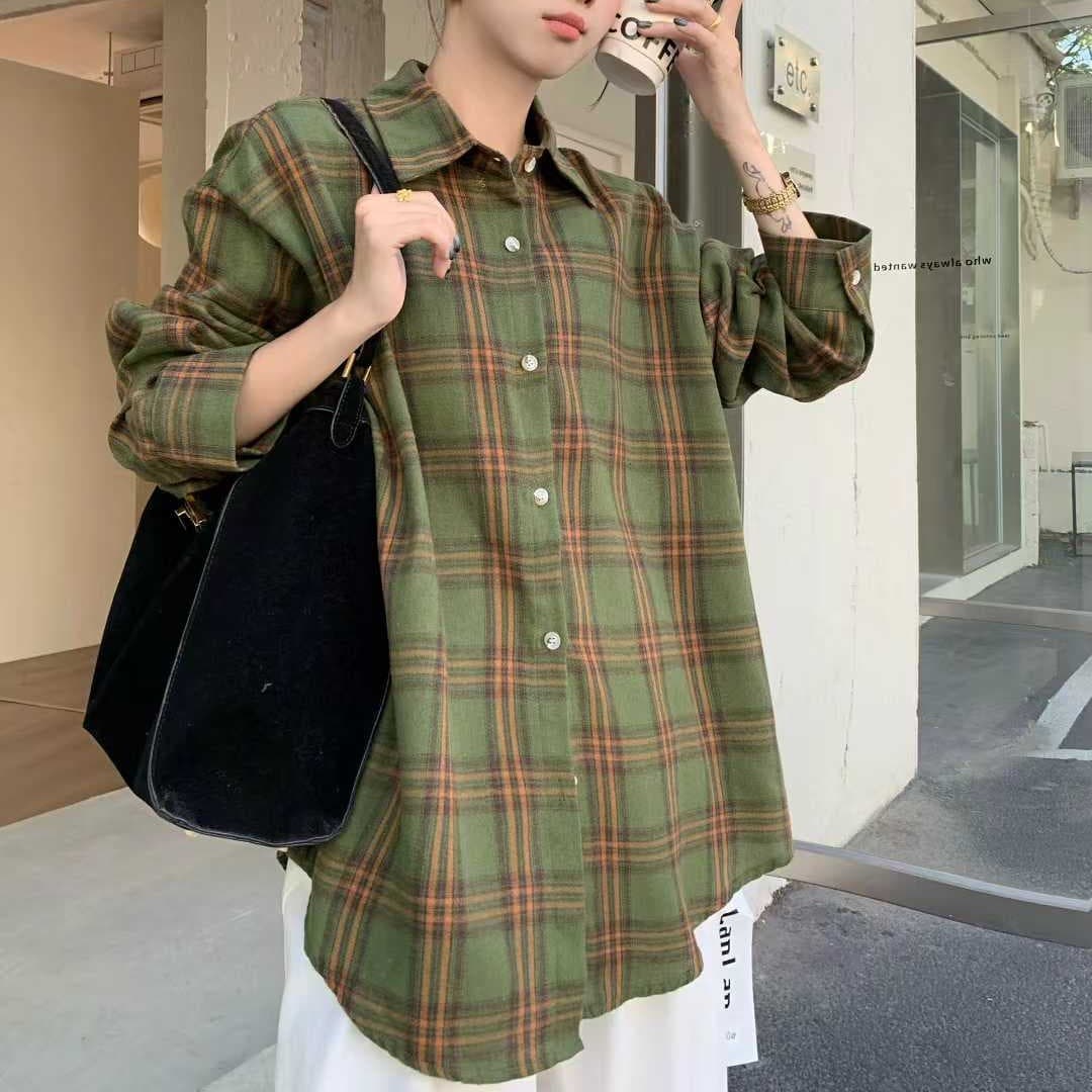 한국 스타일 봄 가을 빅 사이즈 루즈핏 격자 무늬 셔츠 미니멀리즘 루즈핏 하라주쿠 스타일 개성 벌룬 소매 셔츠 여성 코트 트렌디 이미지 5
