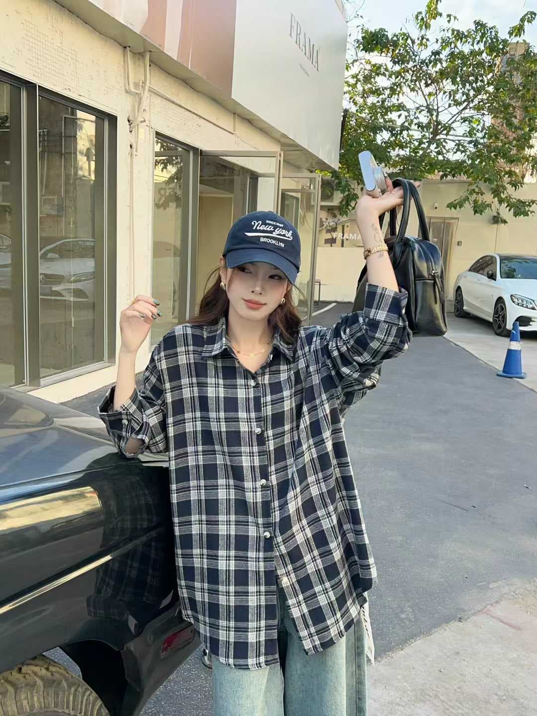 한국 스타일 봄 가을 빅 사이즈 루즈핏 격자 무늬 셔츠 미니멀리즘 루즈핏 하라주쿠 스타일 개성 벌룬 소매 셔츠 여성 코트 트렌디 상세 이미지 5