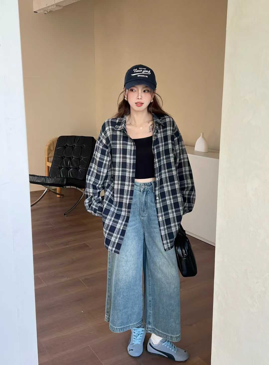 한국 스타일 봄 가을 빅 사이즈 루즈핏 격자 무늬 셔츠 미니멀리즘 루즈핏 하라주쿠 스타일 개성 벌룬 소매 셔츠 여성 코트 트렌디 상세 이미지 9