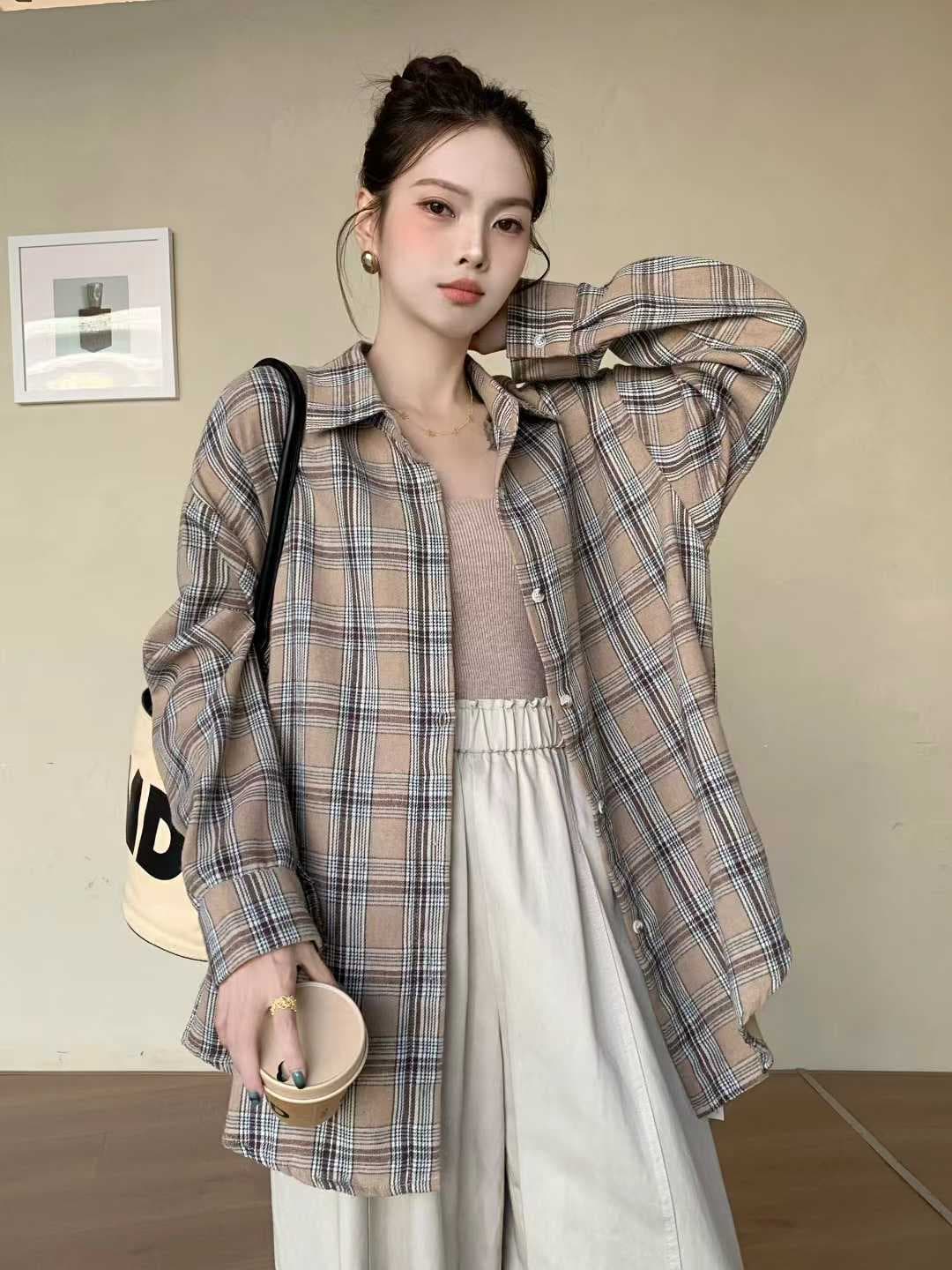 한국 스타일 봄 가을 빅 사이즈 루즈핏 격자 무늬 셔츠 미니멀리즘 루즈핏 하라주쿠 스타일 개성 벌룬 소매 셔츠 여성 코트 트렌디 상세 이미지 10