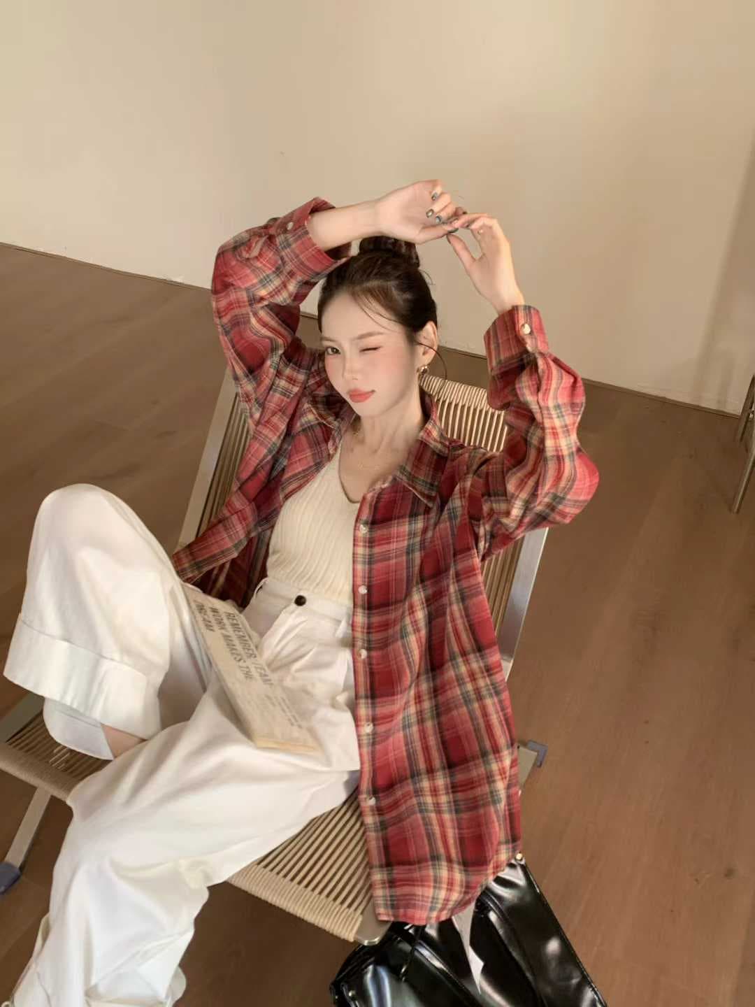 한국 스타일 봄 가을 빅 사이즈 루즈핏 격자 무늬 셔츠 미니멀리즘 루즈핏 하라주쿠 스타일 개성 벌룬 소매 셔츠 여성 코트 트렌디 상세 이미지 11