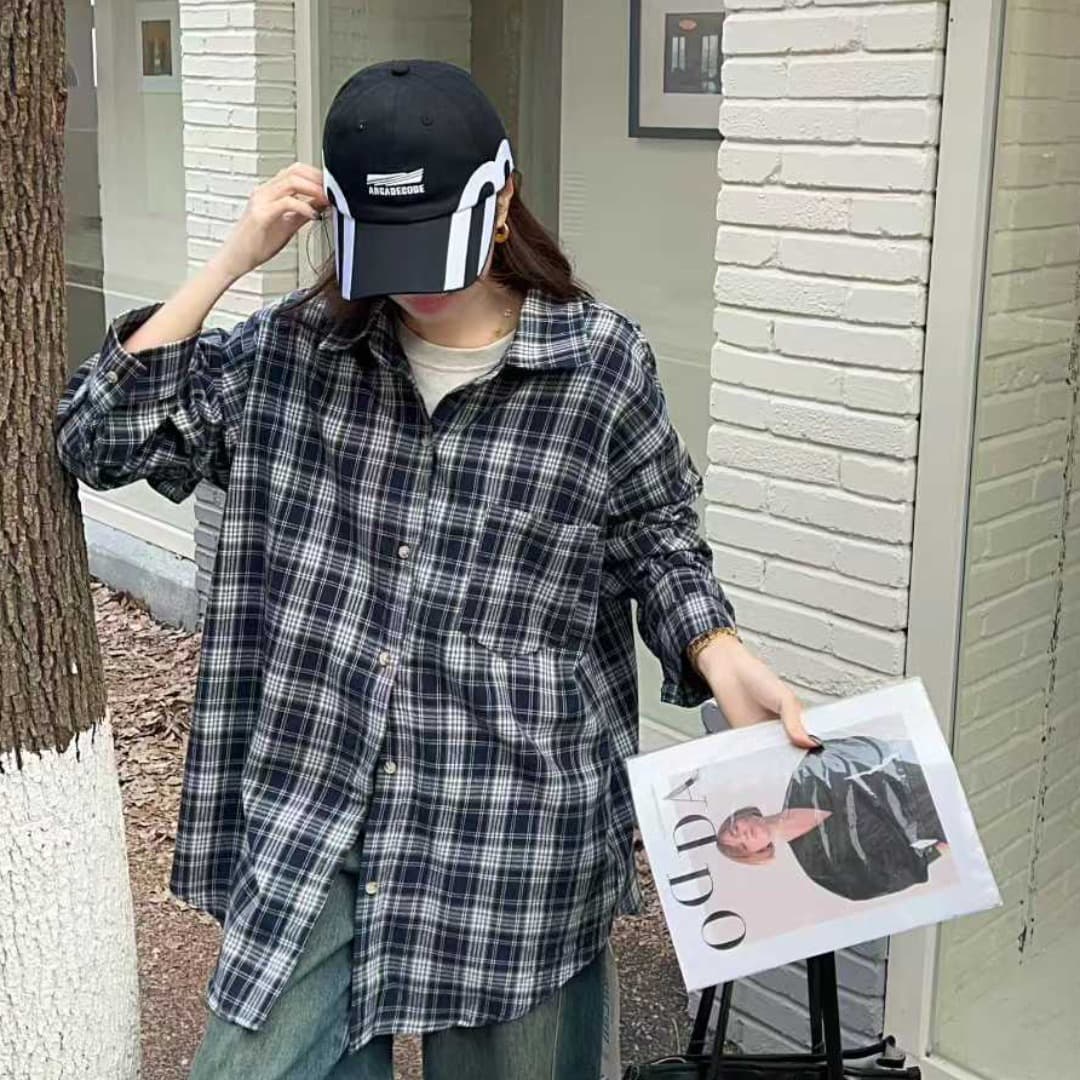한국 스타일 가을 미니멀리즘 클래식 격자 무늬 셔츠 긴팔 폴로 칼라 캐주얼 긴팔 맨위 셔츠 하라주쿠 스타일 여성 코트 이미지 3