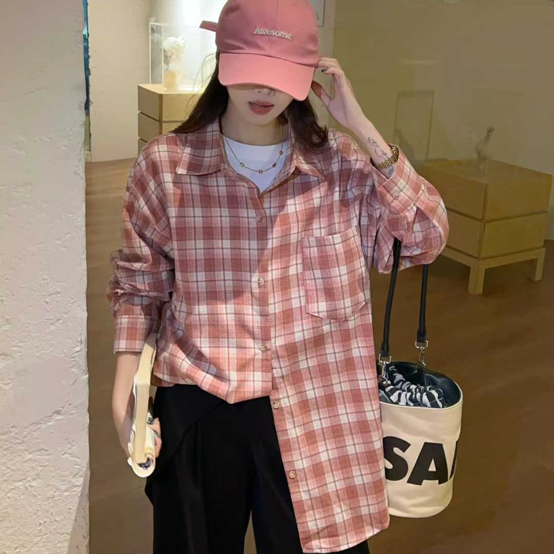 한국 스타일 가을 미니멀리즘 클래식 격자 무늬 셔츠 긴팔 폴로 칼라 캐주얼 긴팔 맨위 셔츠 하라주쿠 스타일 여성 코트 이미지 5
